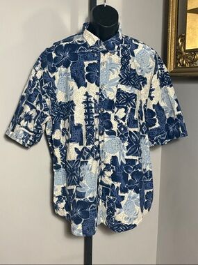 NAK XL Blue Floral Hawaiian Short Sleeve Men's Shirt